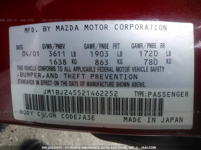 JM1BJ245521462252 - 2002 MAZDA PROTEGE PR5 RED photo 9