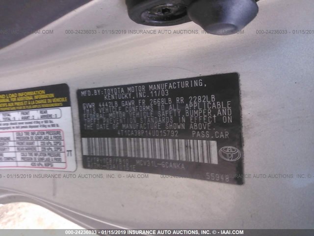 4T1CA38P14U015792 - 2004 TOYOTA CAMRY SOLARA SE/SLE SILVER photo 9