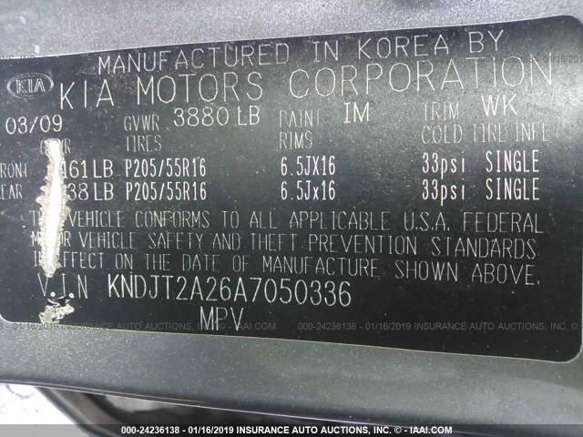 KNDJT2A26A7050336 - 2010 KIA SOUL +/!/SPORT GRAY photo 9