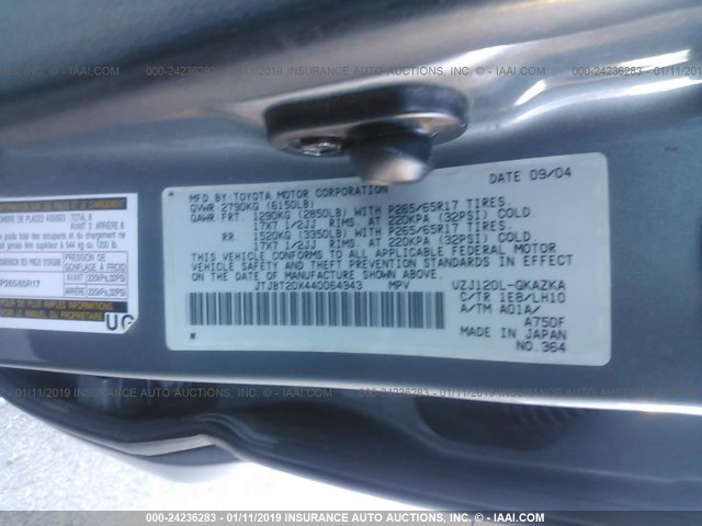 JTJBT20X440064943 - 2004 LEXUS GX GRAY photo 9