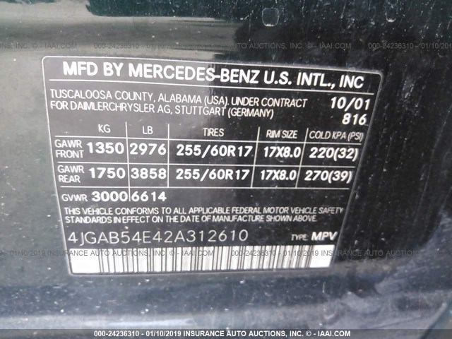 4JGAB54E42A312610 - 2002 MERCEDES-BENZ ML 320 GREEN photo 9