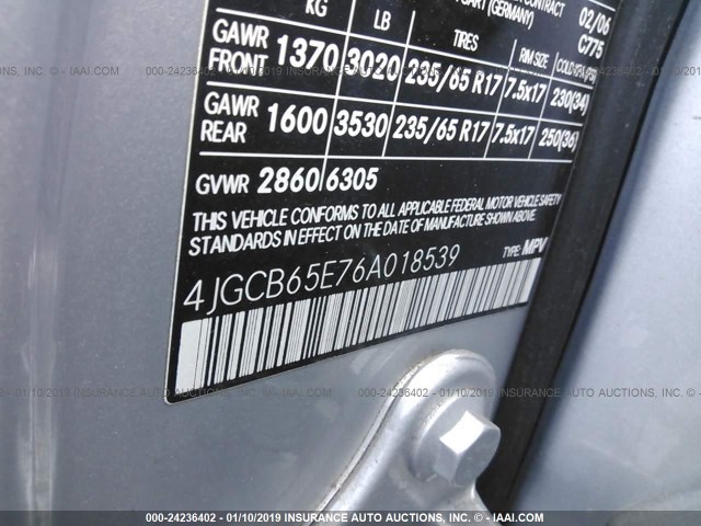 4JGCB65E76A018539 - 2006 MERCEDES-BENZ R 350 GRAY photo 9