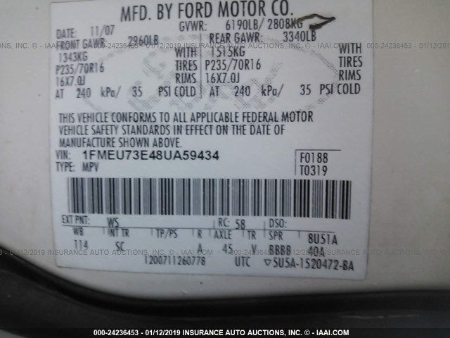 1FMEU73E48UA59434 - 2008 FORD EXPLORER XLT WHITE photo 9