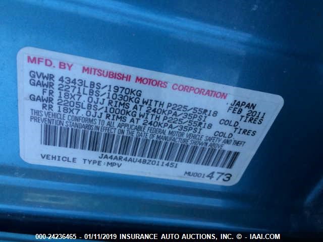 JA4AR4AU4BZ011451 - 2011 MITSUBISHI OUTLANDER SPORT SE BLUE photo 9