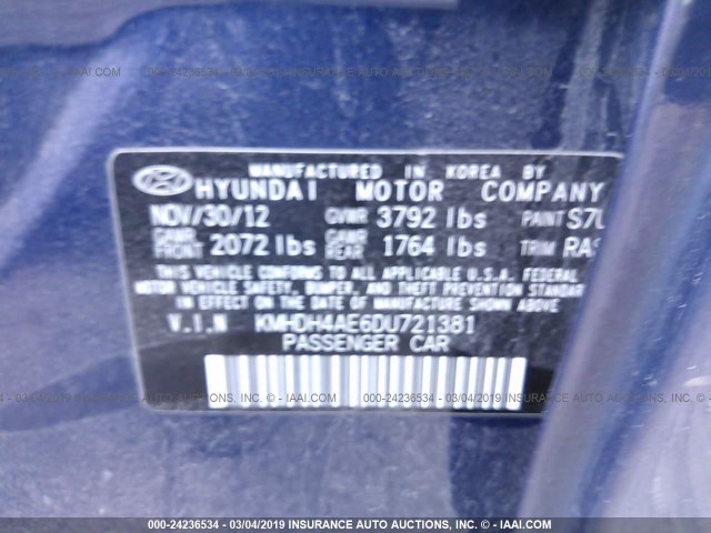 KMHDH4AE6DU721381 - 2013 HYUNDAI ELANTRA GLS/LIMITED BLUE photo 9