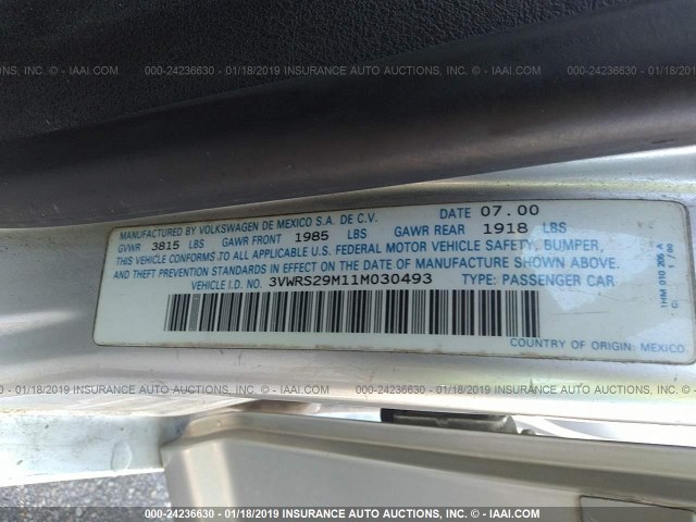 3VWRS29M11M030493 - 2001 VOLKSWAGEN JETTA GL SILVER photo 9