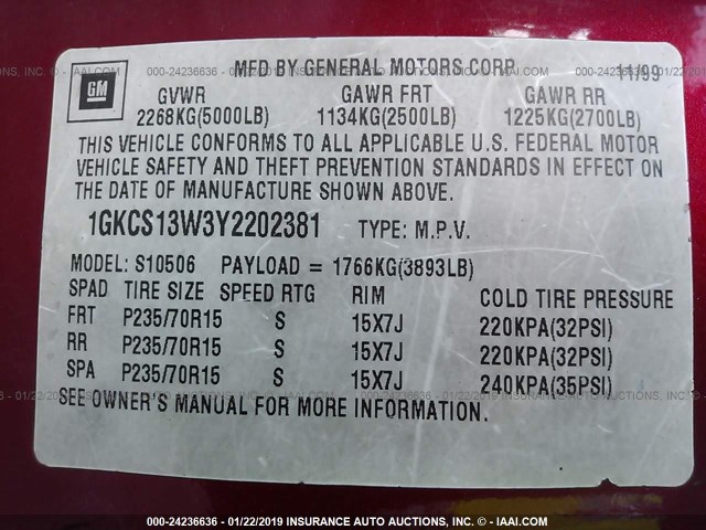 1GKCS13W3Y2202381 - 2000 GMC JIMMY RED photo 9