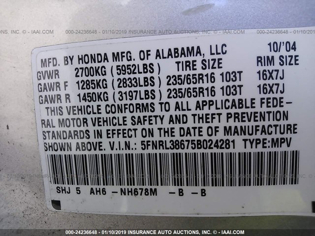 5FNRL38675B024281 - 2005 HONDA ODYSSEY EXL SILVER photo 9