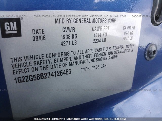 1G2ZG58B274126485 - 2007 PONTIAC G6 SE BLUE photo 9