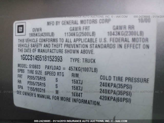 1GCCS145518152393 - 2001 CHEVROLET S TRUCK S10 TAN photo 9