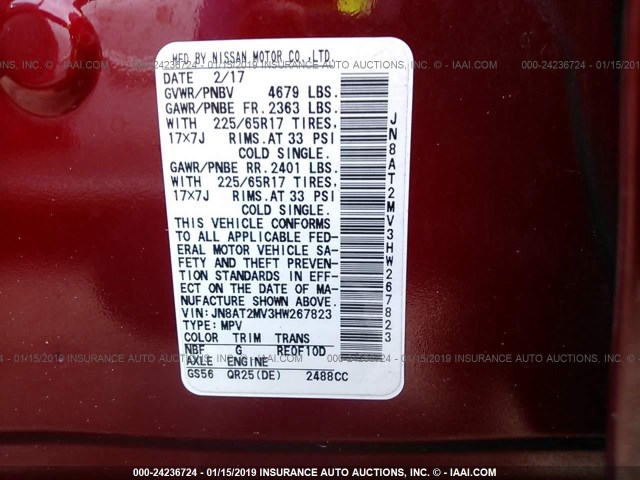 JN8AT2MV3HW267823 - 2017 NISSAN ROGUE S/SL/SV RED photo 9