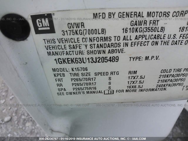 1GKEK63U13J205489 - 2003 GMC YUKON DENALI WHITE photo 9