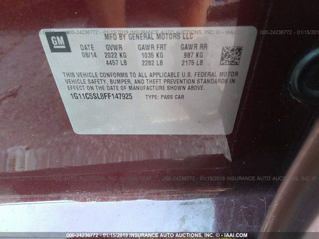 1G11C5SL8FF147925 - 2015 CHEVROLET MALIBU 1LT RED photo 9