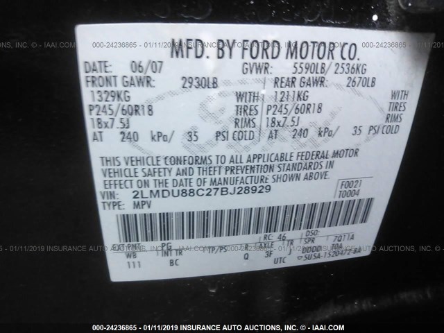 2LMDU88C27BJ28929 - 2007 LINCOLN MKX BLACK photo 9