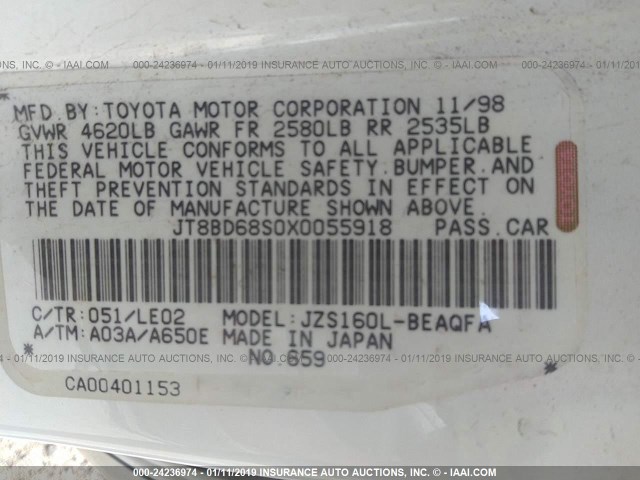 JT8BD68S0X0055918 - 1999 LEXUS GS 300 WHITE photo 9