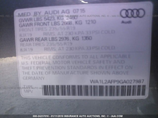 WA1L2AFP9GA027987 - 2016 AUDI Q5 PREMIUM PLUS GRAY photo 9