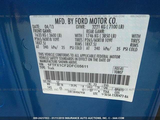 1FTFX1CF2DFC05611 - 2013 FORD F150 SUPER CAB BLUE photo 9