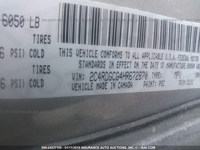 2C4RDGCG4HR672870 - 2017 DODGE GRAND CARAVAN SXT SILVER photo 9