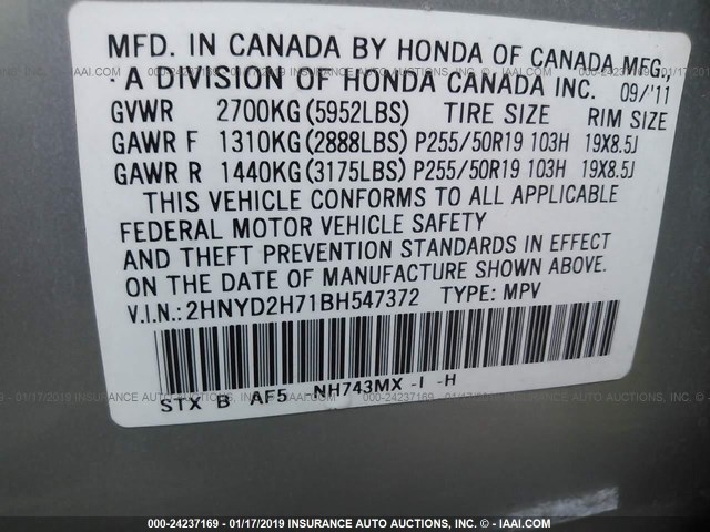 2HNYD2H71BH547372 - 2011 ACURA MDX ADVANCE SILVER photo 9