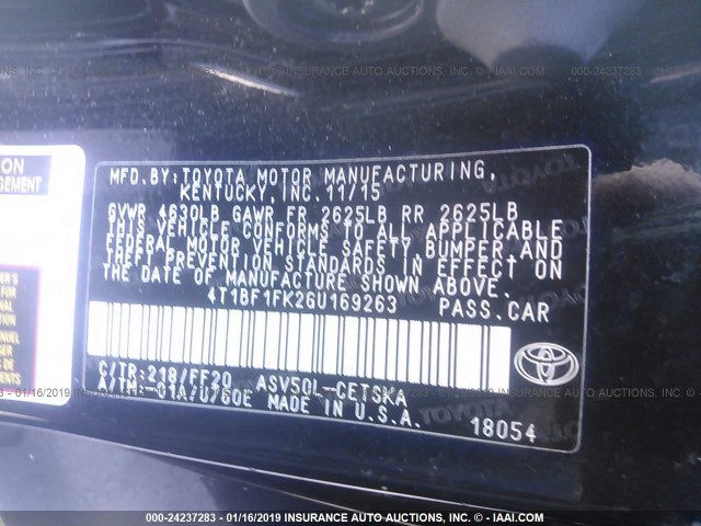 4T1BF1FK2GU169263 - 2016 TOYOTA CAMRY LE/XLE/SE/XSE შავი ფოტო 9