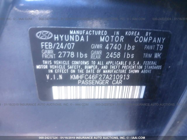 KMHFC46F27A210913 - 2007 HYUNDAI AZERA SE/LIMITED BLUE photo 9