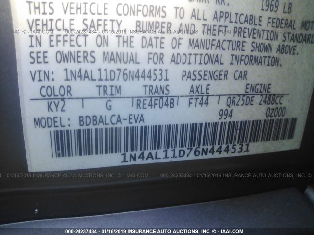 1N4AL11D76N444531 - 2006 NISSAN ALTIMA S/SL GRAY photo 9