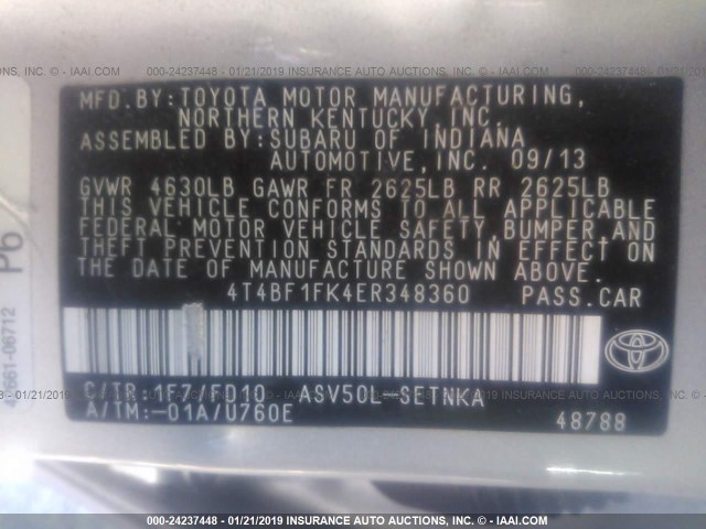 4T4BF1FK4ER348360 - 2014 TOYOTA CAMRY L/SE/LE/XLE Gümüş foto 9