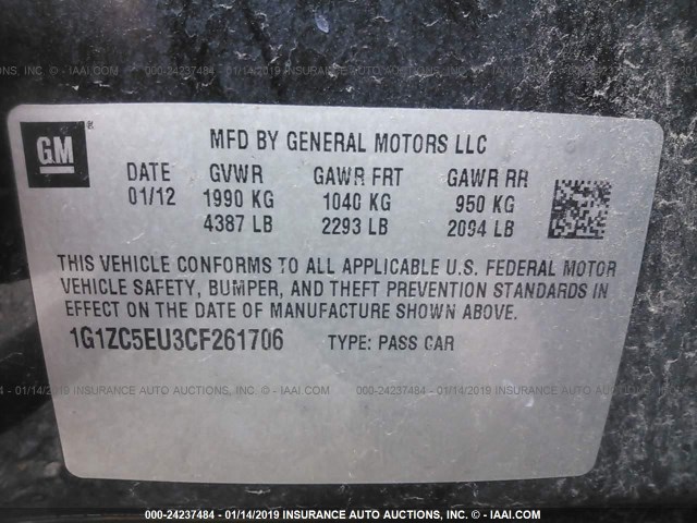 1G1ZC5EU3CF261706 - 2012 CHEVROLET MALIBU 1LT შავი ფოტო 9