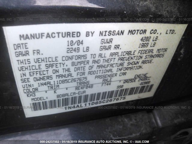 1N4AL11D85C267675 - 2005 NISSAN ALTIMA S/SL BLACK photo 9