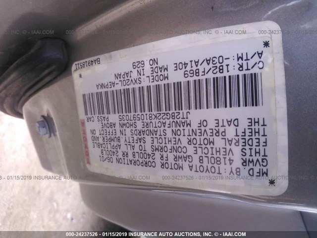 JT2BG22K810597035 - 2001 TOYOTA CAMRY CE/LE/XLE GOLD photo 9