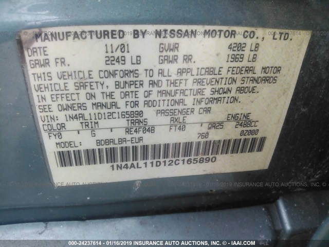 1N4AL11D12C165890 - 2002 NISSAN ALTIMA S/SL TEAL photo 9