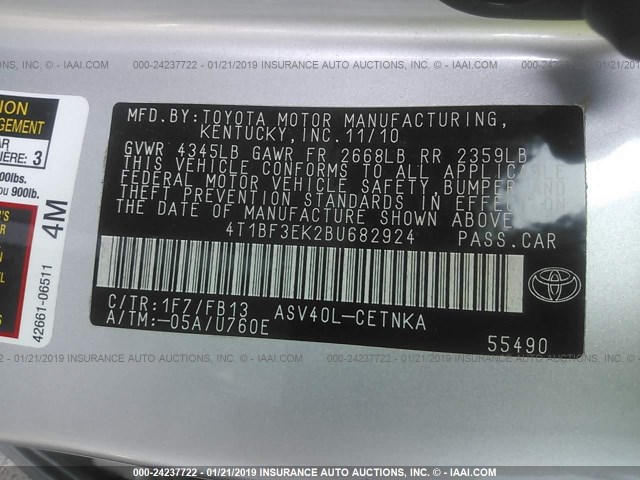 4T1BF3EK2BU682924 - 2011 TOYOTA CAMRY SE/LE/XLE 银色 照片 9