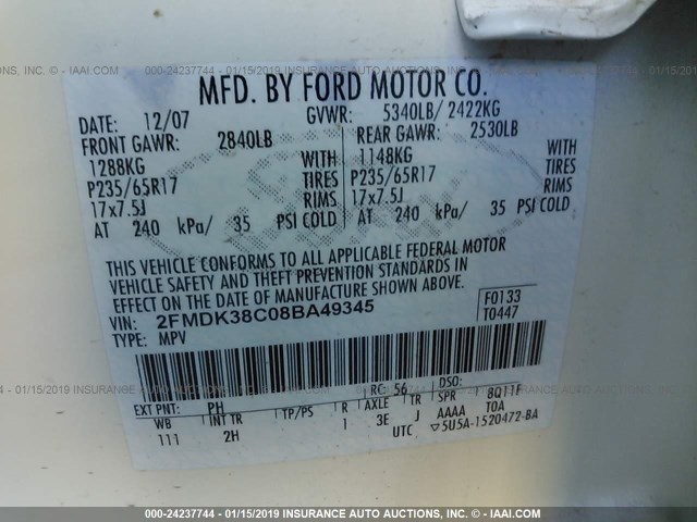 2FMDK38C08BA49345 - 2008 FORD EDGE SEL WHITE photo 9