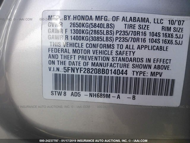 5FNYF28208B014044 - 2008 HONDA PILOT VP SILVER photo 9