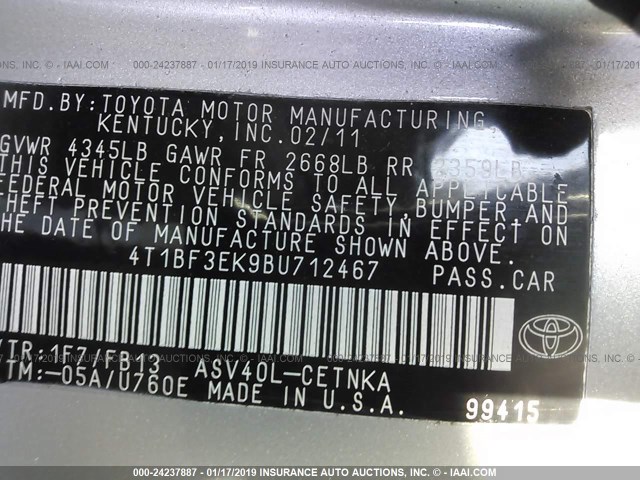 4T1BF3EK9BU712467 - 2011 TOYOTA CAMRY SE/LE/XLE 银色 照片 9