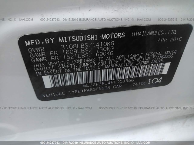 ML32F3FJ4HH003556 - 2017 MITSUBISHI MIRAGE G4 ES Ақ фото 9