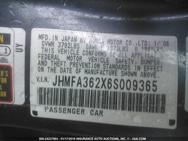 JHMFA362X6S009365 - 2006 HONDA CIVIC HYBRID Dark Blue photo 9