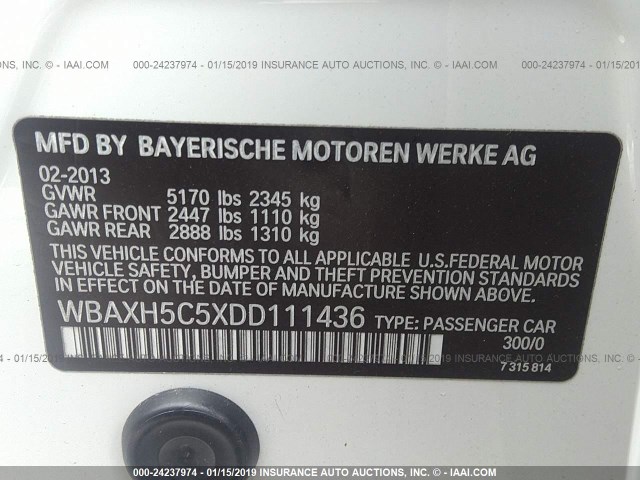 WBAXH5C5XDD111436 - 2013 BMW 528 XI WHITE photo 9
