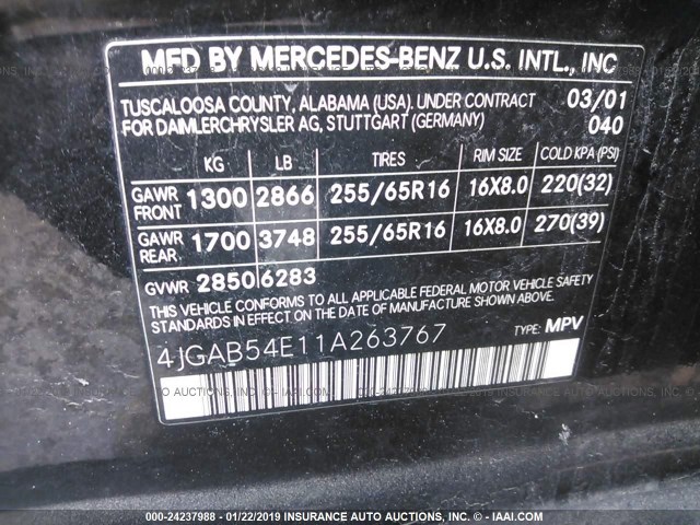 4JGAB54E11A263767 - 2001 MERCEDES-BENZ ML 320 BLACK photo 9