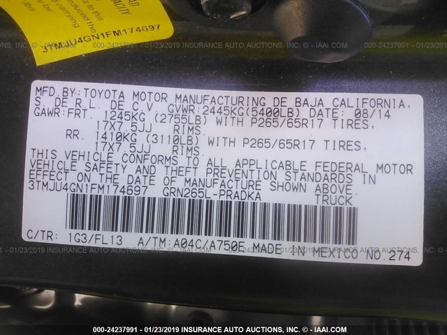 3TMJU4GN1FM174697 - 2015 TOYOTA TACOMA DOUBLE CAB PRERUNNER GRAY photo 9