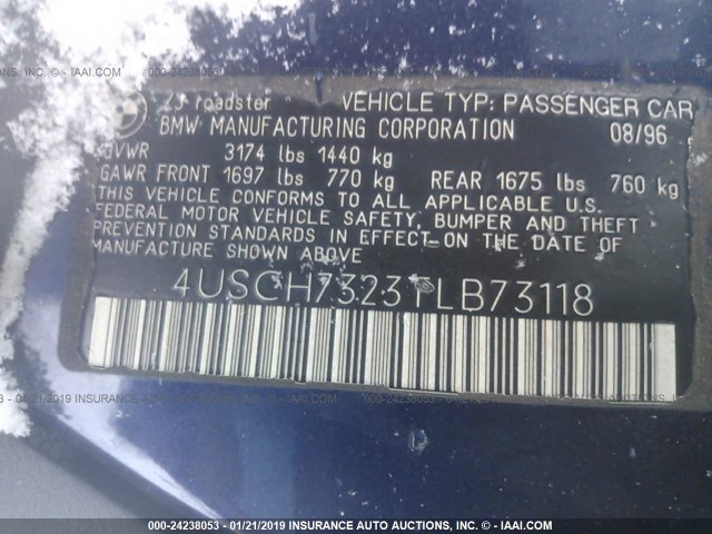 4USCH7323TLB73118 - 1996 BMW Z3 1.9 BLUE photo 9