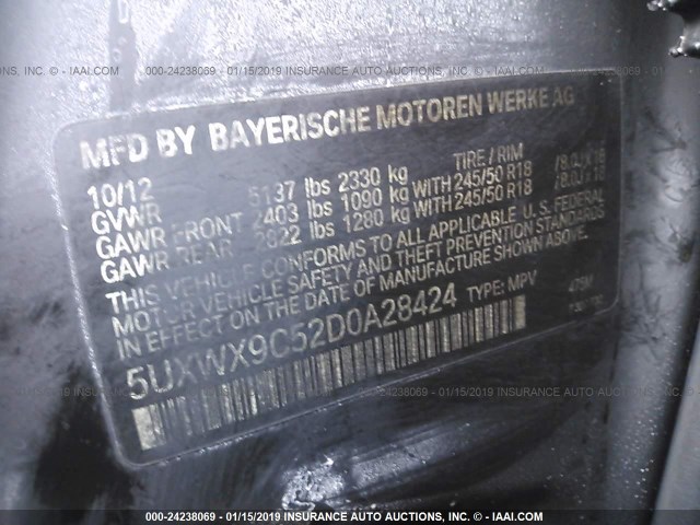 5UXWX9C52D0A28424 - 2013 BMW X3 XDRIVE28I BLACK photo 9