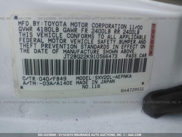 JT2BG22K910566473 - 2001 TOYOTA CAMRY CE/LE/XLE WHITE photo 9