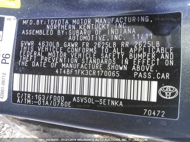 4T4BF1FK3CR170065 - 2012 TOYOTA CAMRY SE/LE/XLE 黑色 照片 9