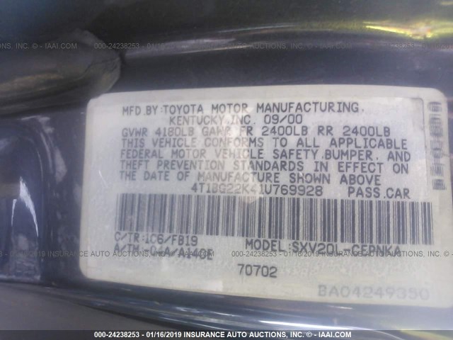 4T1BG22K41U769928 - 2001 TOYOTA CAMRY CE/LE/XLE BLACK photo 9