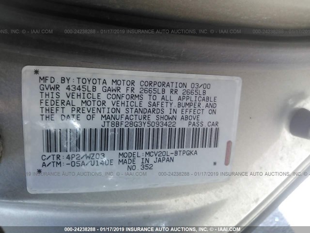 JT8BF28G3Y5093422 - 2000 LEXUS ES 300 GRAY photo 9