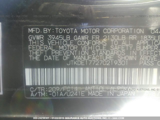 JTKDE177270219301 - 2007 TOYOTA SCION TC შავი ფოტო 9