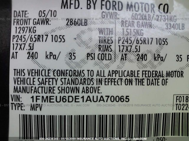 1FMEU6DE1AUA70065 - 2010 FORD EXPLORER XLT GRAY photo 9