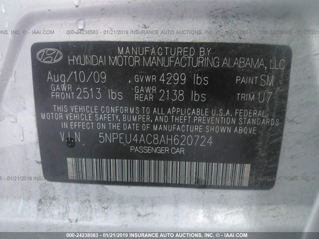 5NPEU4AC8AH620724 - 2010 HYUNDAI SONATA SE/LIMITED SILVER photo 9