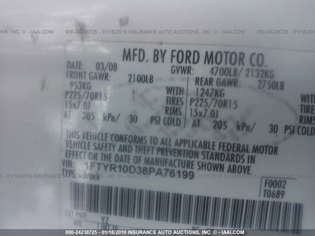 1FTYR10D38PA76199 - 2008 FORD RANGER WHITE photo 9